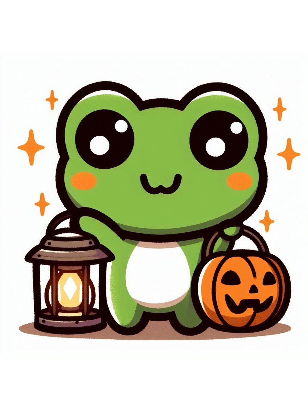 halloween frog drawing ideas: Illustration of an adorable green frog holding a lantern next to a pumpkin, surrounded by yellow stars.